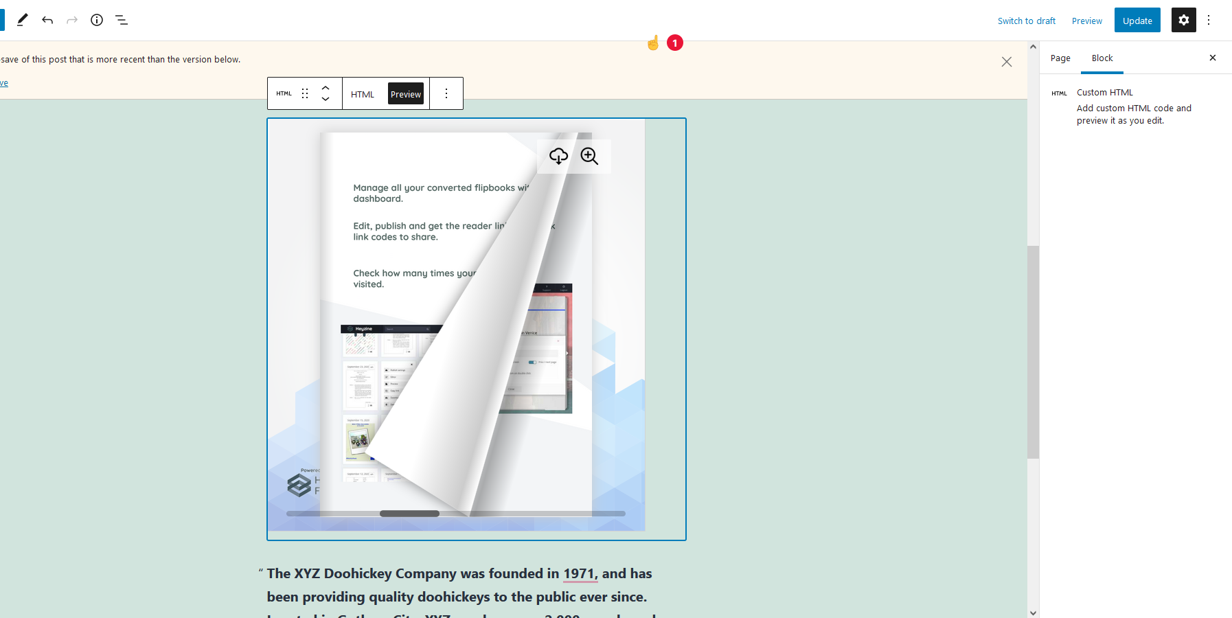 preview of the flipbook embedded on Wordpress